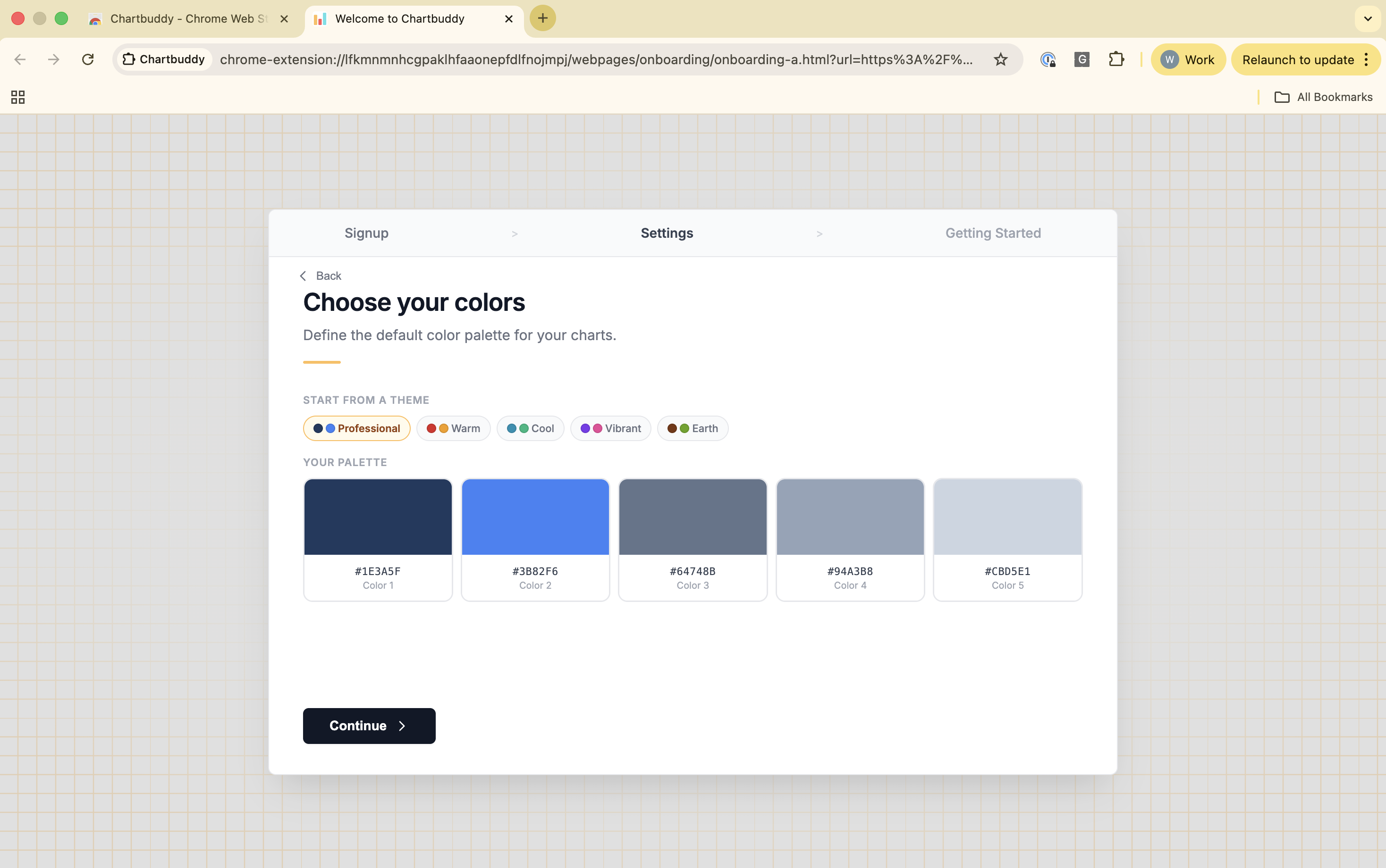 Chartbuddy setup flow: color and preferences screen